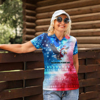 USA Christmas Women Polo Shirt with Santa Eagle Red White Blue Snowflake Pattern and American Flag - Wonder Print Shop