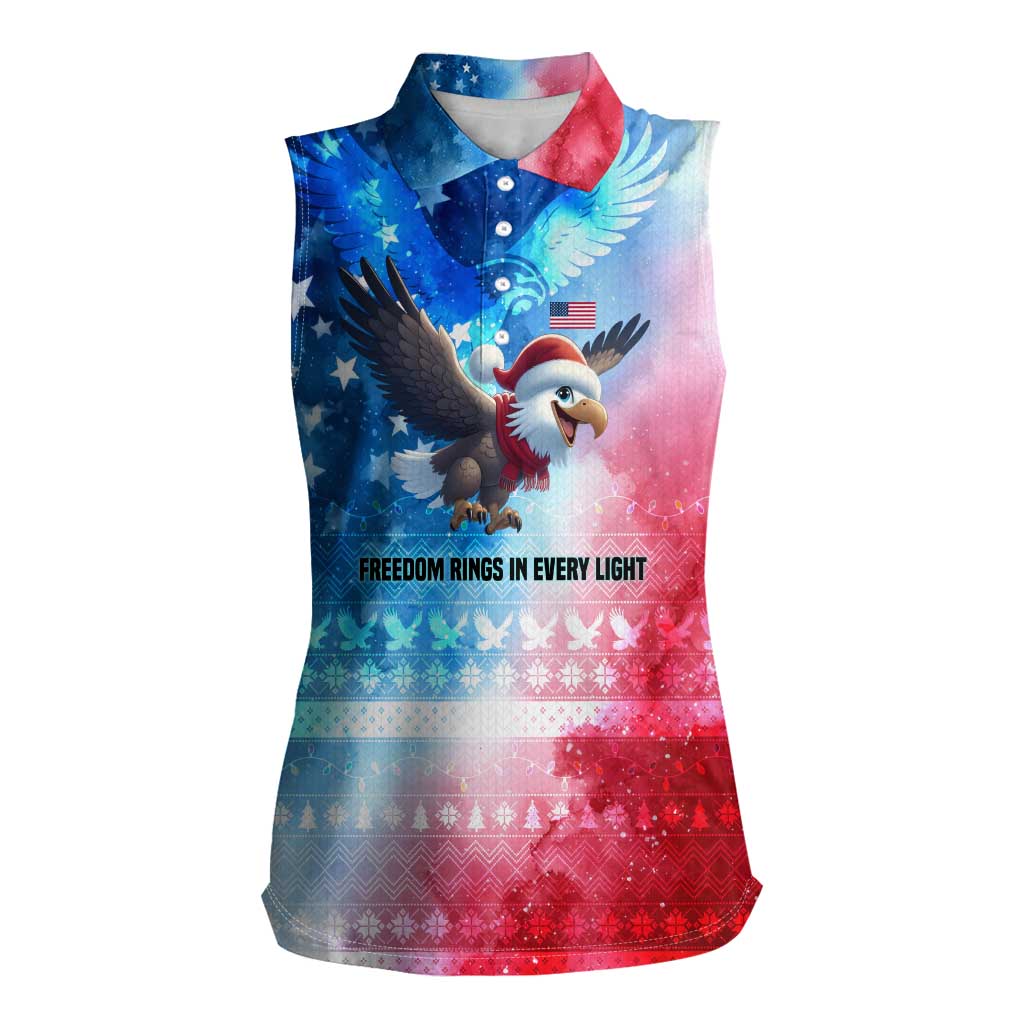 USA Christmas Women Sleeveless Polo Shirt with Santa Eagle Red White Blue Snowflake Pattern and American Flag - Wonder Print Shop