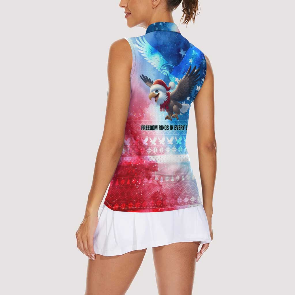USA Christmas Women Sleeveless Polo Shirt with Santa Eagle Red White Blue Snowflake Pattern and American Flag - Wonder Print Shop