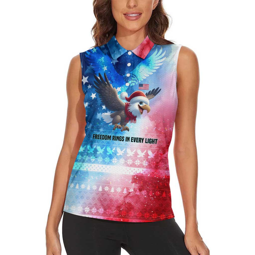 USA Christmas Women Sleeveless Polo Shirt with Santa Eagle Red White Blue Snowflake Pattern and American Flag - Wonder Print Shop