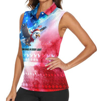 USA Christmas Women Sleeveless Polo Shirt with Santa Eagle Red White Blue Snowflake Pattern and American Flag - Wonder Print Shop
