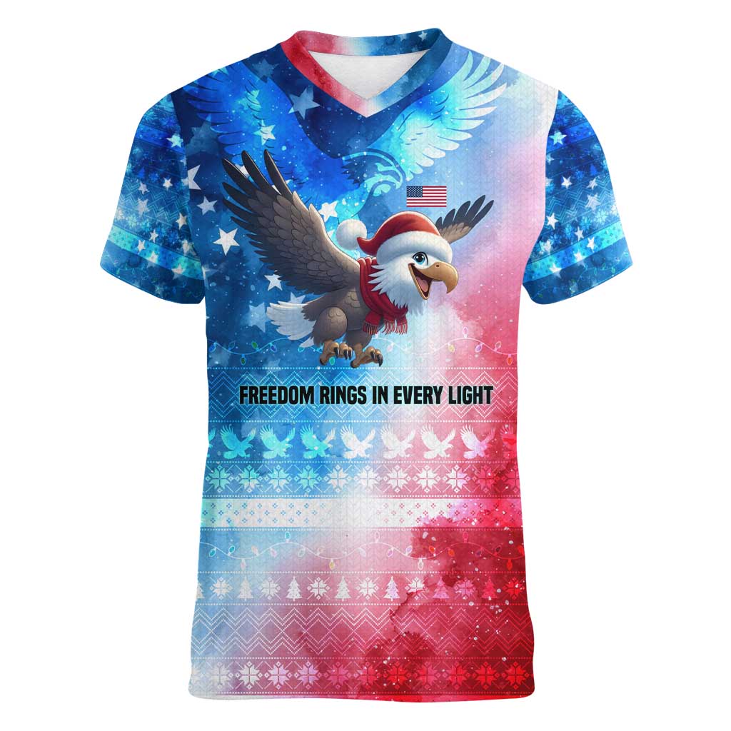 USA Christmas Women V-Neck T-Shirt with Santa Eagle Red White Blue Snowflake Pattern and American Flag - Wonder Print Shop