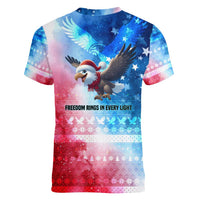 USA Christmas Women V-Neck T-Shirt with Santa Eagle Red White Blue Snowflake Pattern and American Flag - Wonder Print Shop