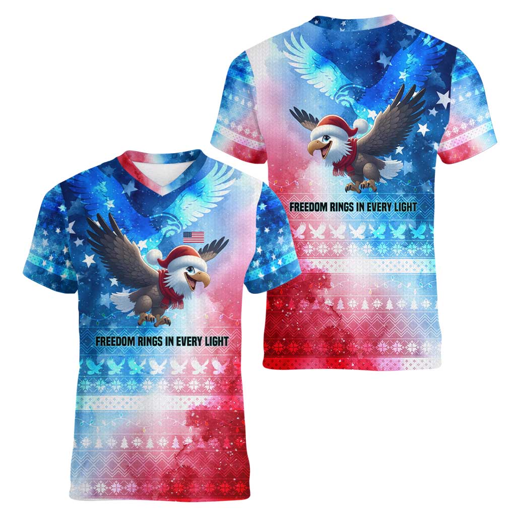 USA Christmas Women V-Neck T-Shirt with Santa Eagle Red White Blue Snowflake Pattern and American Flag - Wonder Print Shop