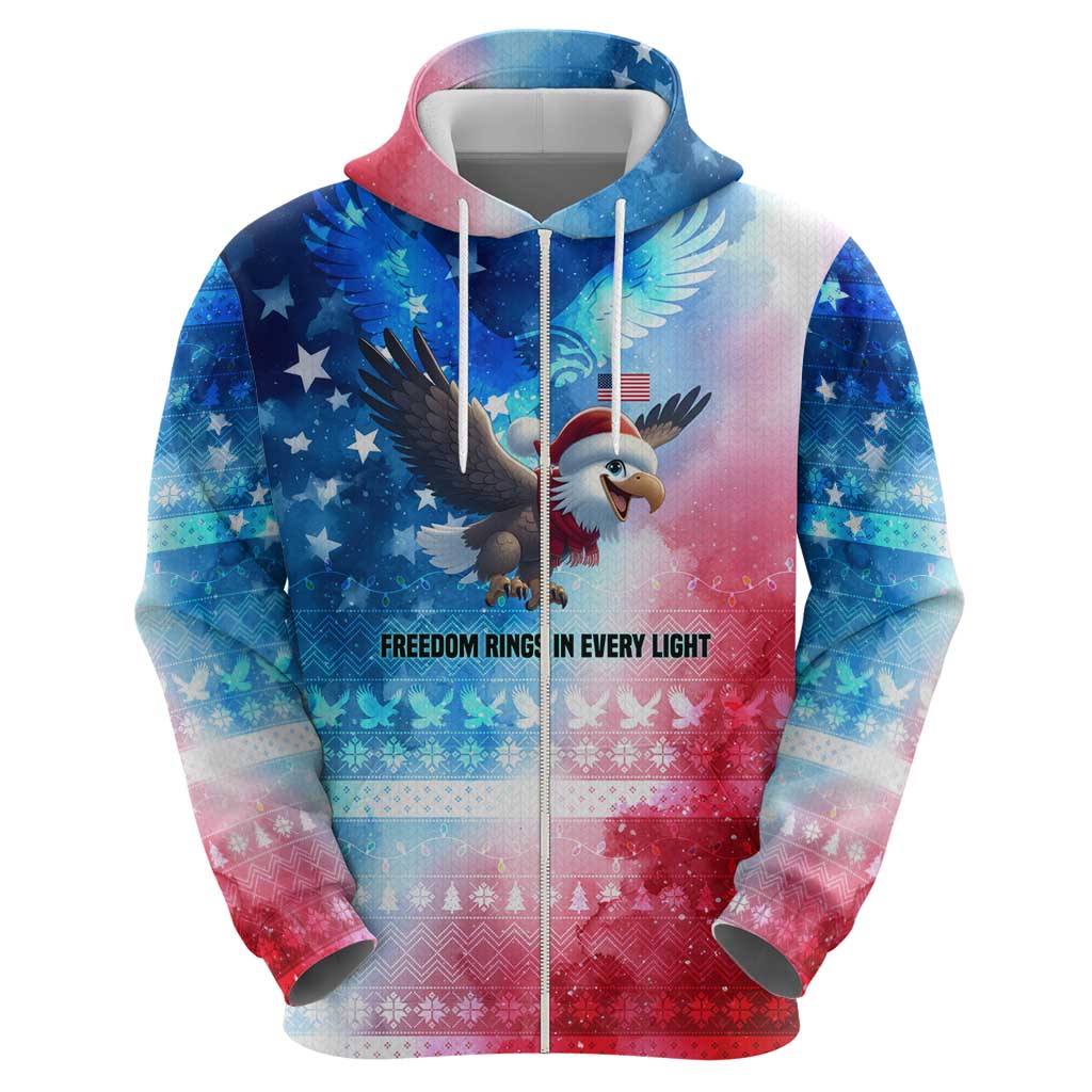 USA Christmas Zip Hoodie with Santa Eagle Red White Blue Snowflake Pattern and American Flag - Wonder Print Shop