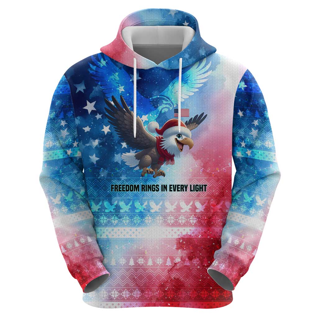 USA Christmas Zip Hoodie with Santa Eagle Red White Blue Snowflake Pattern and American Flag - Wonder Print Shop