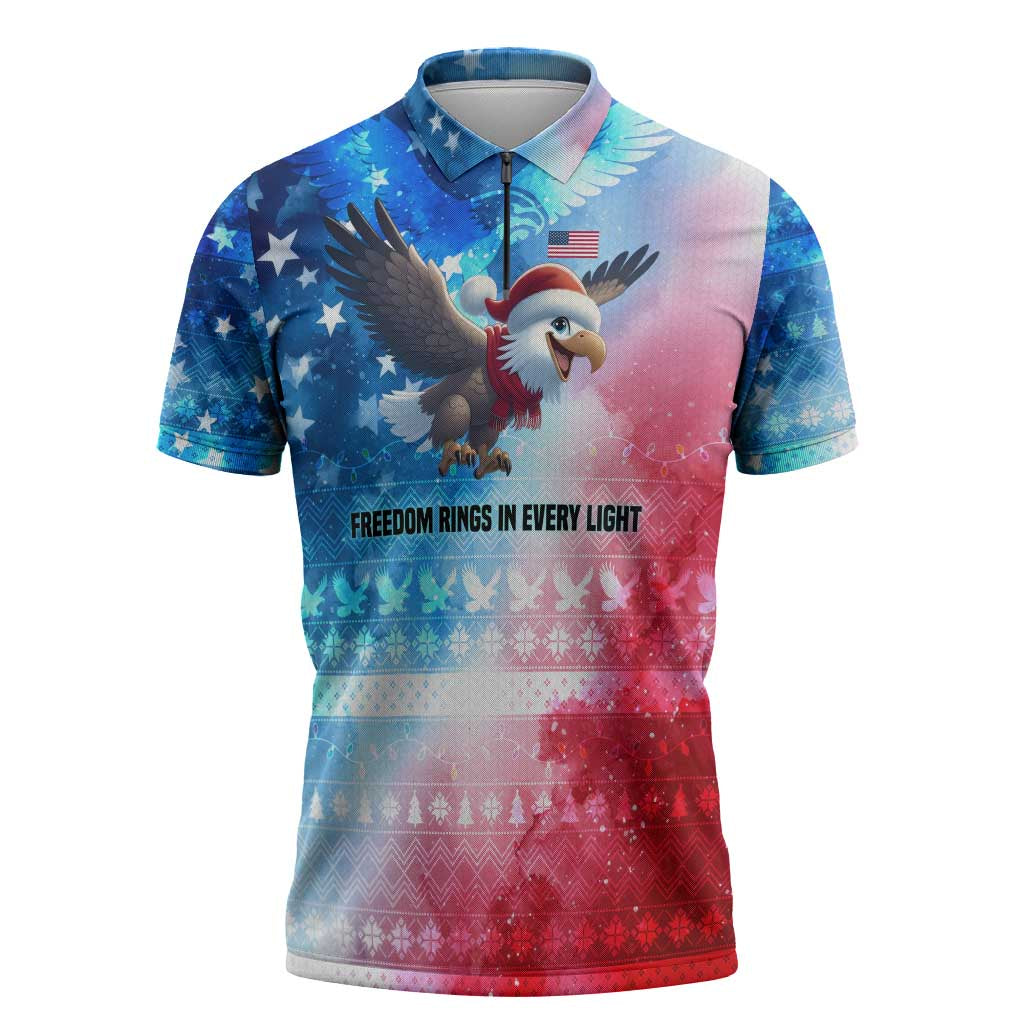 USA Christmas Zipper Polo Shirt with Santa Eagle Red White Blue Snowflake Pattern and American Flag - Wonder Print Shop