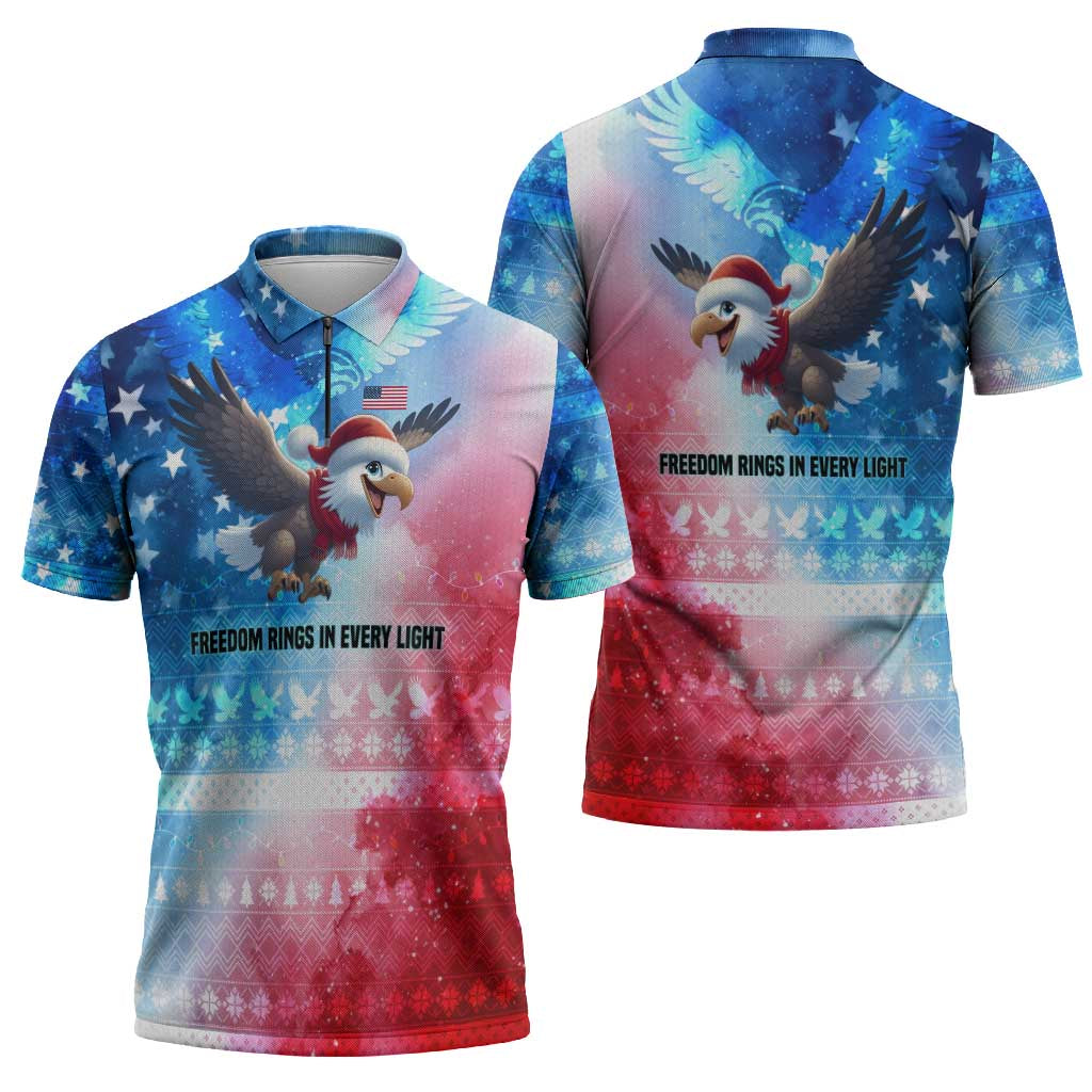 USA Christmas Zipper Polo Shirt with Santa Eagle Red White Blue Snowflake Pattern and American Flag - Wonder Print Shop