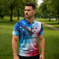 USA Christmas Zipper Polo Shirt with Santa Eagle Red White Blue Snowflake Pattern and American Flag - Wonder Print Shop