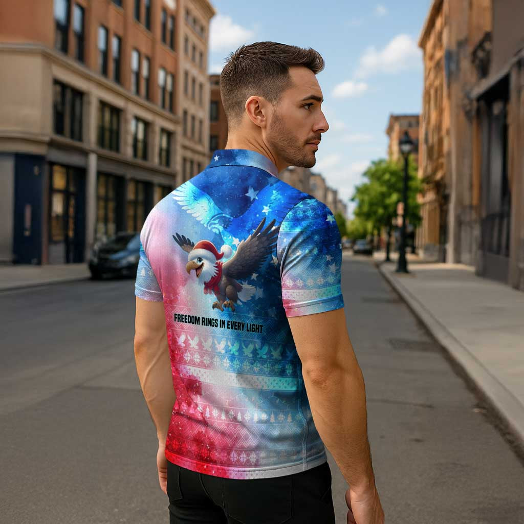 USA Christmas Zipper Polo Shirt with Santa Eagle Red White Blue Snowflake Pattern and American Flag - Wonder Print Shop