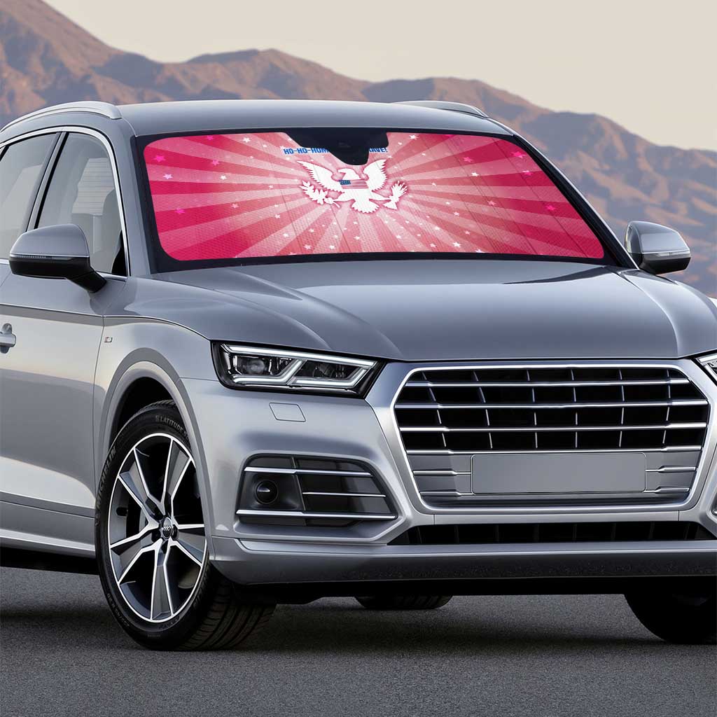 USA Christmas Auto Sun Shade with Bald Eagle Seal Pink Starburst Pattern and Festive Holiday Icons - Wonder Print Shop