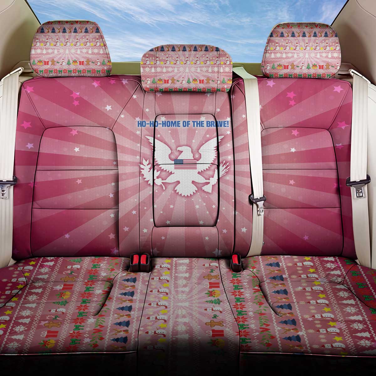 USA Christmas Back Car Seat Cover with Bald Eagle Seal Pink Starburst Pattern and Festive Holiday Icons - Wonder Print Shop