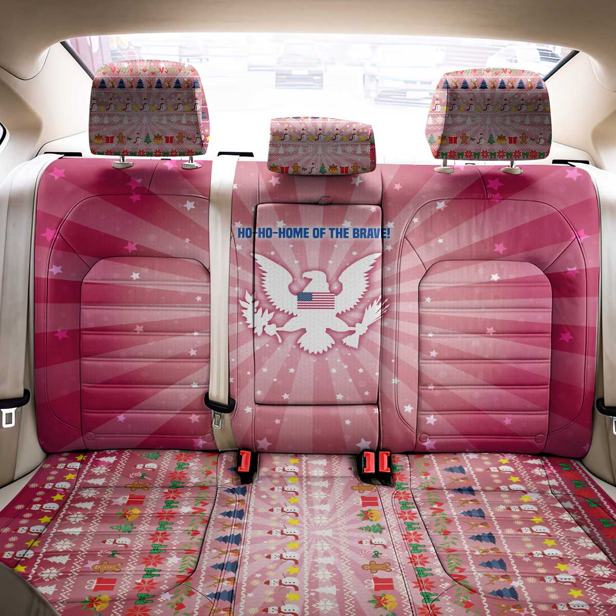 USA Christmas Back Car Seat Cover with Bald Eagle Seal Pink Starburst Pattern and Festive Holiday Icons - Wonder Print Shop