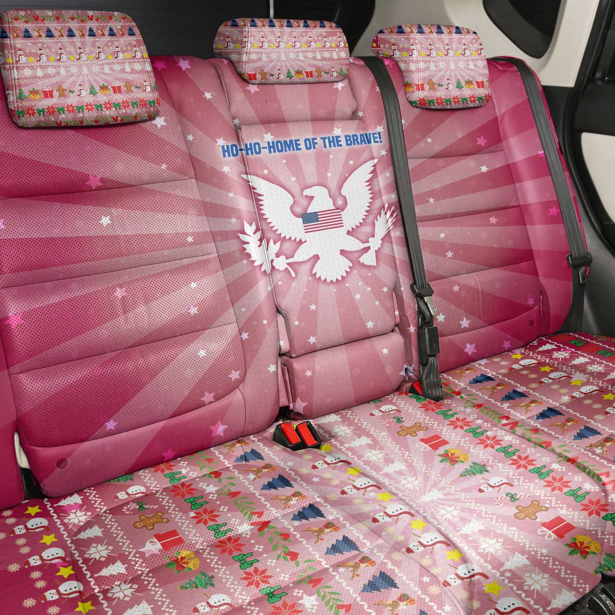 USA Christmas Back Car Seat Cover with Bald Eagle Seal Pink Starburst Pattern and Festive Holiday Icons - Wonder Print Shop