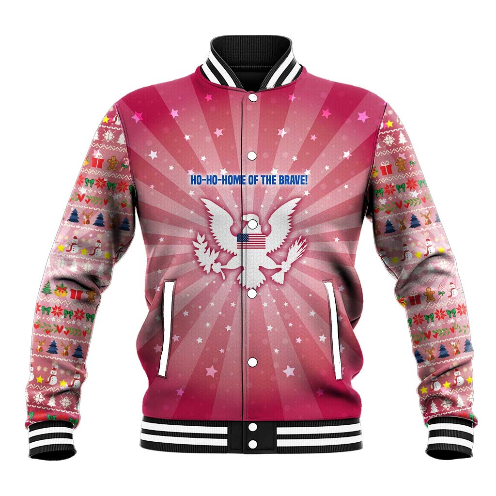 USA Christmas Baseball Jacket with Bald Eagle Seal Pink Starburst Pattern and Festive Holiday Icons - Wonder Print Shop