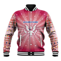 USA Christmas Baseball Jacket with Bald Eagle Seal Pink Starburst Pattern and Festive Holiday Icons - Wonder Print Shop