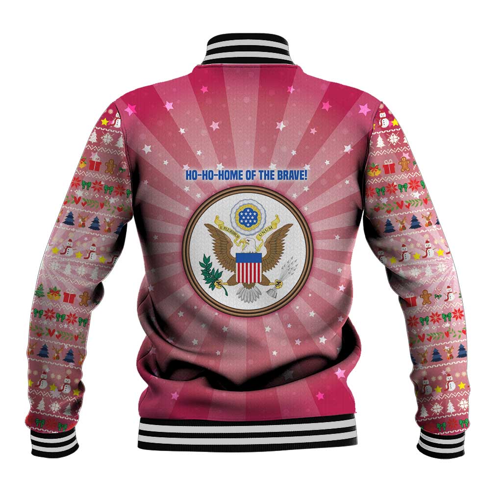 USA Christmas Baseball Jacket with Bald Eagle Seal Pink Starburst Pattern and Festive Holiday Icons - Wonder Print Shop