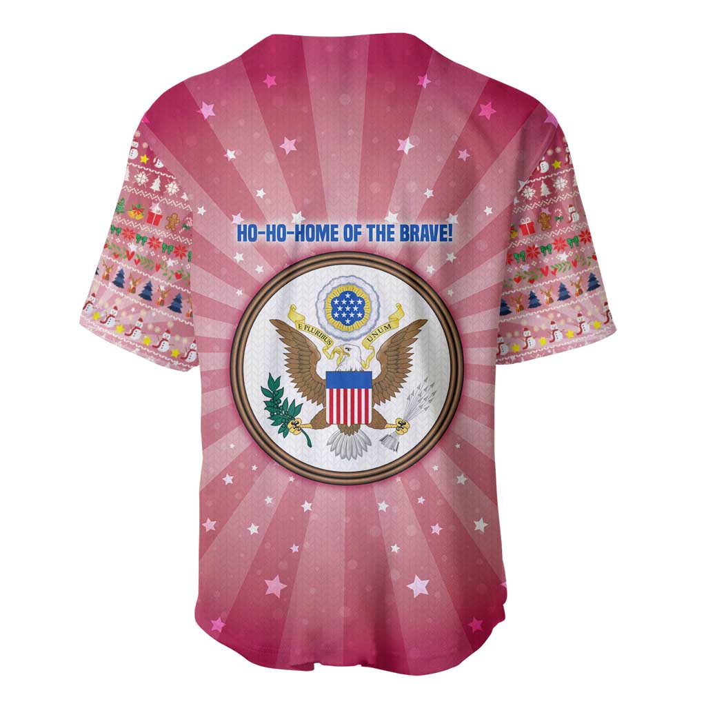 USA Christmas Baseball Jersey with Bald Eagle Seal Pink Starburst Pattern and Festive Holiday Icons - Wonder Print Shop