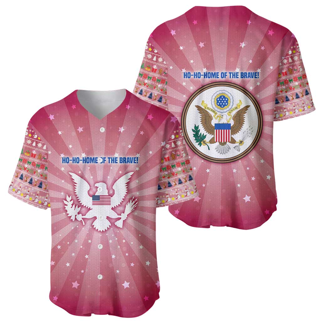 USA Christmas Baseball Jersey with Bald Eagle Seal Pink Starburst Pattern and Festive Holiday Icons - Wonder Print Shop