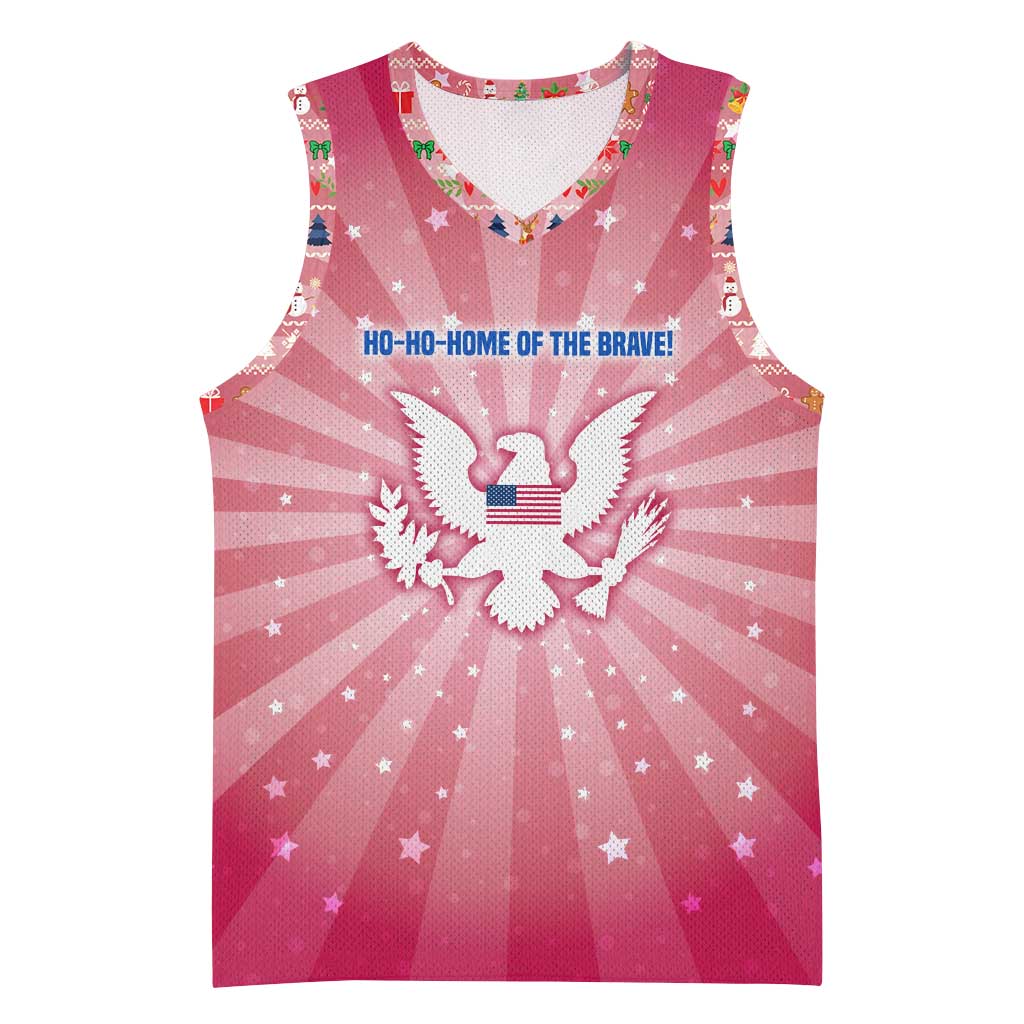 USA Christmas Basketball Jersey with Bald Eagle Seal Pink Starburst Pattern and Festive Holiday Icons - Wonder Print Shop