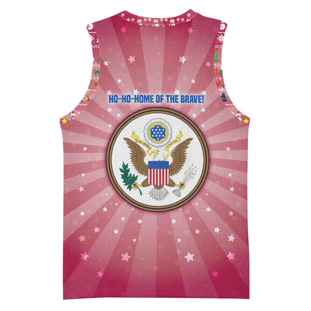 USA Christmas Basketball Jersey with Bald Eagle Seal Pink Starburst Pattern and Festive Holiday Icons - Wonder Print Shop