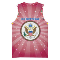 USA Christmas Basketball Jersey with Bald Eagle Seal Pink Starburst Pattern and Festive Holiday Icons - Wonder Print Shop