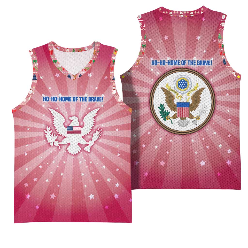USA Christmas Basketball Jersey with Bald Eagle Seal Pink Starburst Pattern and Festive Holiday Icons - Wonder Print Shop