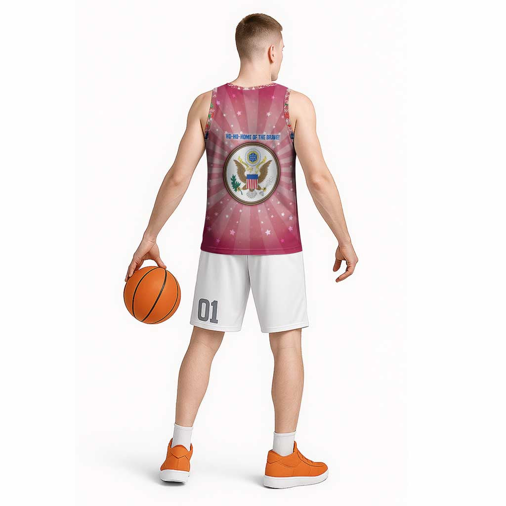 USA Christmas Basketball Jersey with Bald Eagle Seal Pink Starburst Pattern and Festive Holiday Icons - Wonder Print Shop
