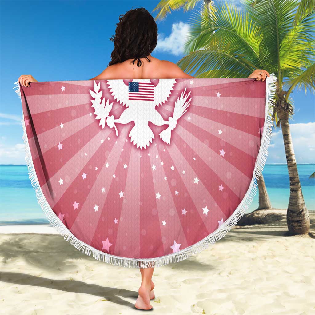 USA Christmas Beach Blanket with Bald Eagle Seal Pink Starburst Pattern and Festive Holiday Icons - Wonder Print Shop