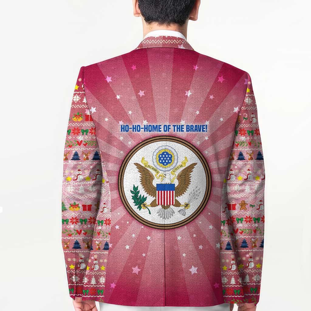 USA Christmas Blazer with Bald Eagle Seal Pink Starburst Pattern and Festive Holiday Icons - Wonder Print Shop