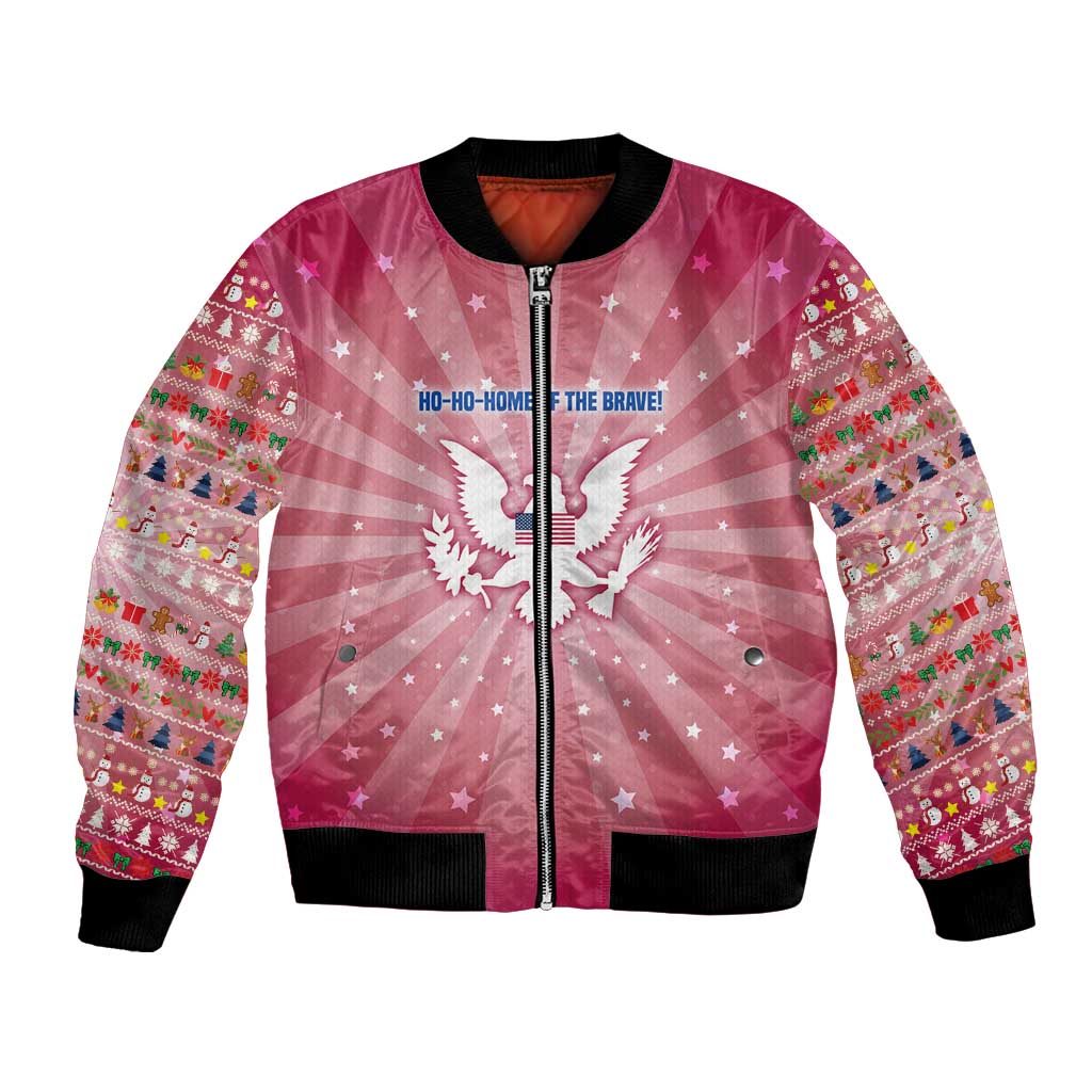USA Christmas Bomber Jacket with Bald Eagle Seal Pink Starburst Pattern and Festive Holiday Icons - Wonder Print Shop