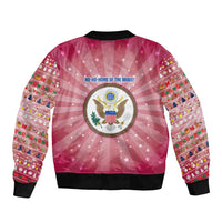 USA Christmas Bomber Jacket with Bald Eagle Seal Pink Starburst Pattern and Festive Holiday Icons - Wonder Print Shop