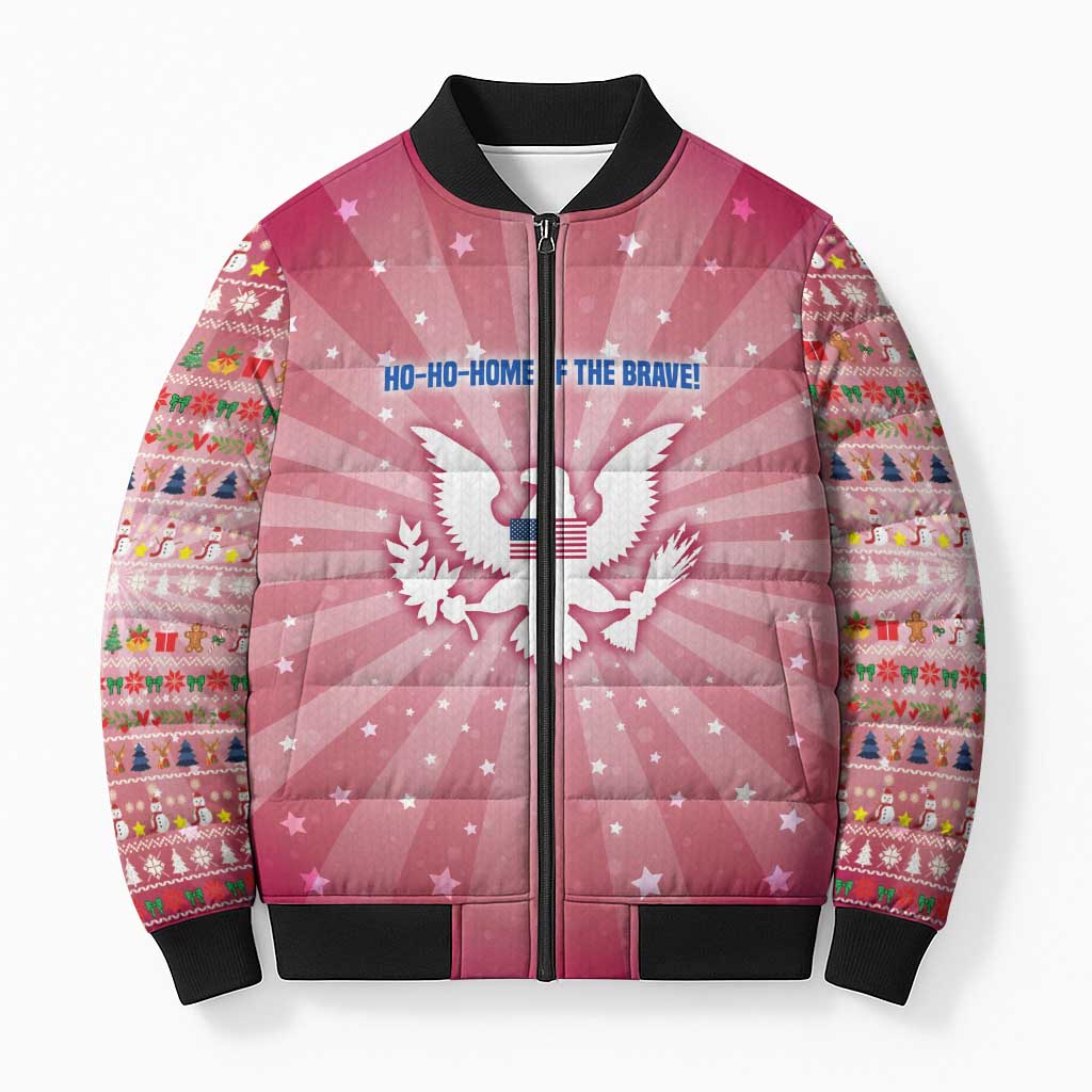 USA Christmas Bomber Puffer Jacket with Bald Eagle Seal Pink Starburst Pattern and Festive Holiday Icons - Wonder Print Shop