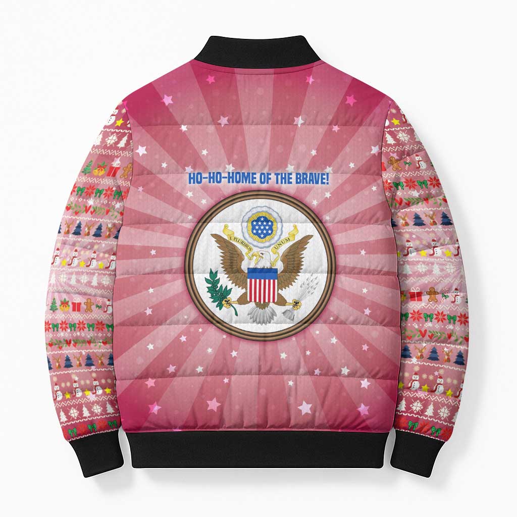 USA Christmas Bomber Puffer Jacket with Bald Eagle Seal Pink Starburst Pattern and Festive Holiday Icons - Wonder Print Shop