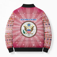 USA Christmas Bomber Puffer Jacket with Bald Eagle Seal Pink Starburst Pattern and Festive Holiday Icons - Wonder Print Shop