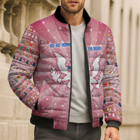 USA Christmas Bomber Puffer Jacket with Bald Eagle Seal Pink Starburst Pattern and Festive Holiday Icons - Wonder Print Shop