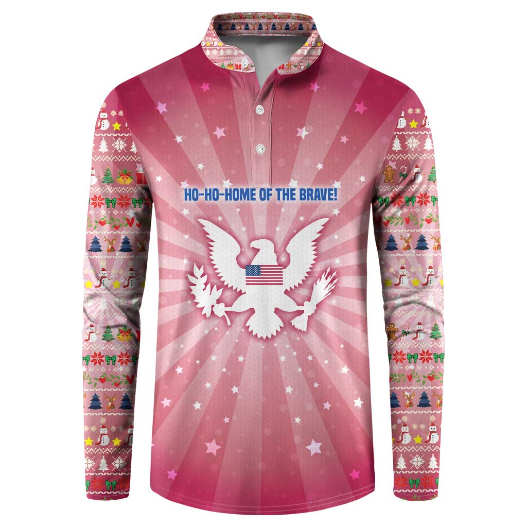 USA Christmas Button Sweatshirt with Bald Eagle Seal Pink Starburst Pattern and Festive Holiday Icons - Wonder Print Shop