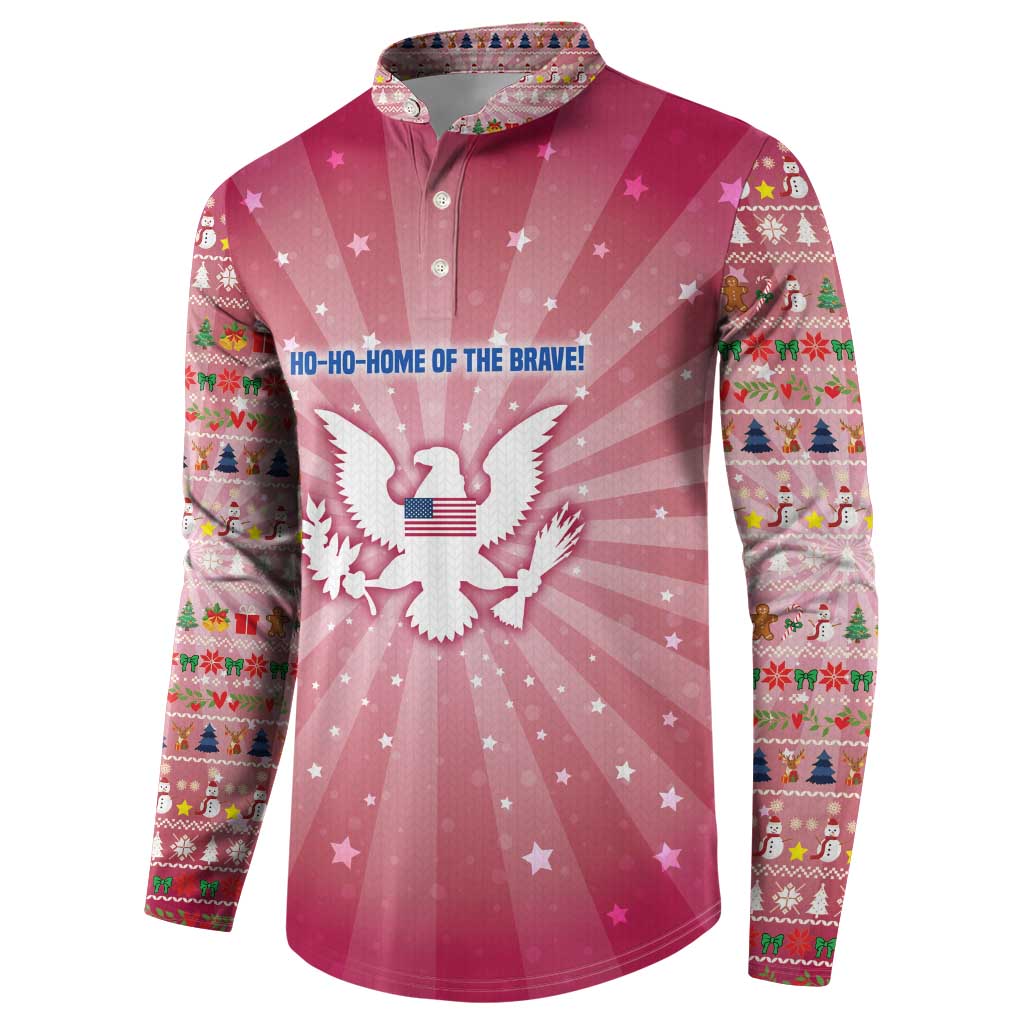 USA Christmas Button Sweatshirt with Bald Eagle Seal Pink Starburst Pattern and Festive Holiday Icons - Wonder Print Shop