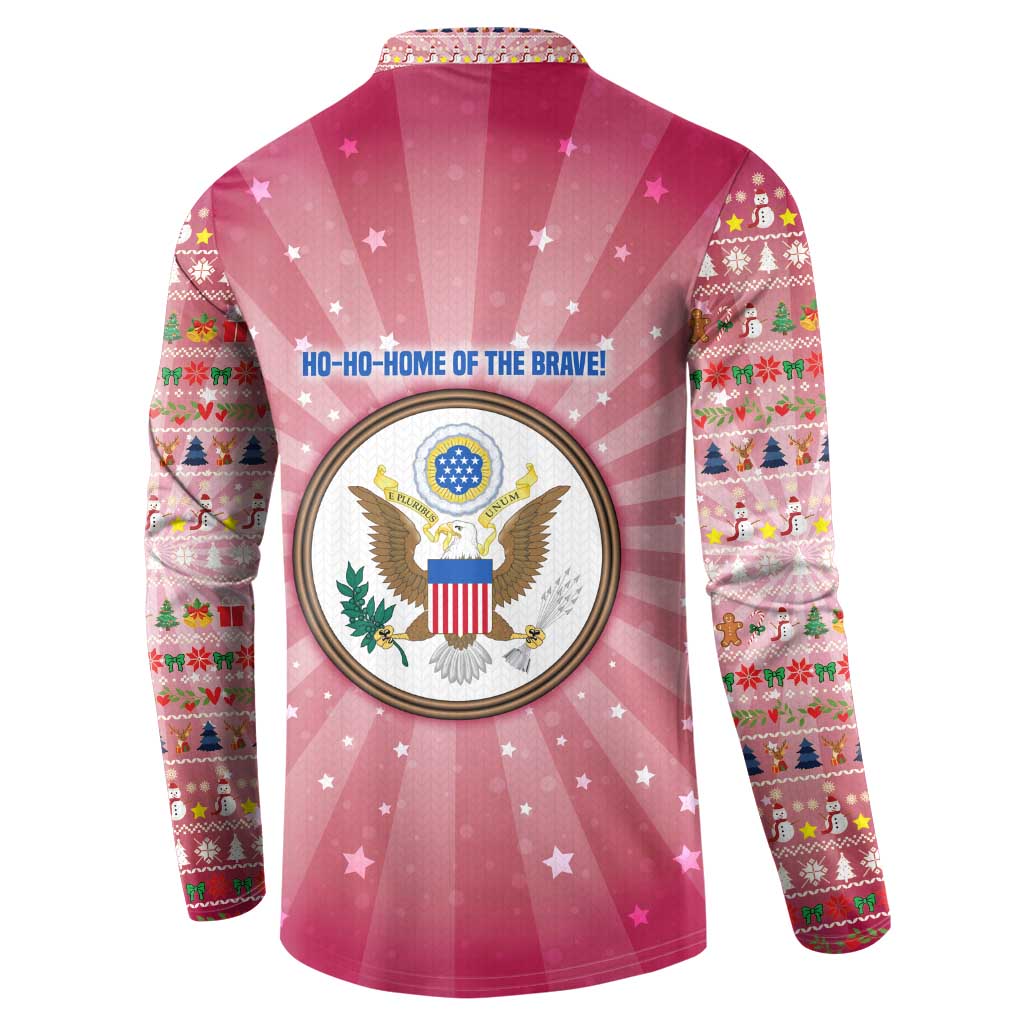 USA Christmas Button Sweatshirt with Bald Eagle Seal Pink Starburst Pattern and Festive Holiday Icons - Wonder Print Shop