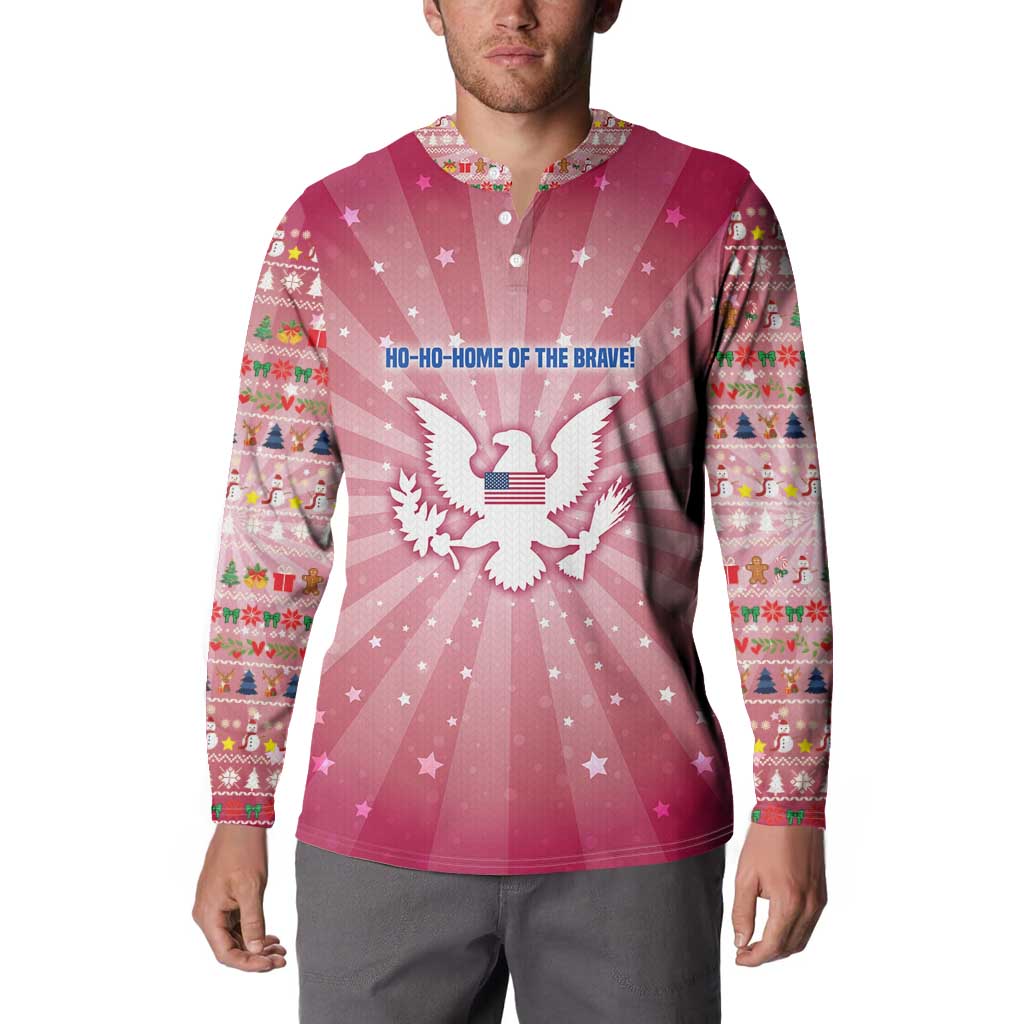 USA Christmas Button Sweatshirt with Bald Eagle Seal Pink Starburst Pattern and Festive Holiday Icons - Wonder Print Shop