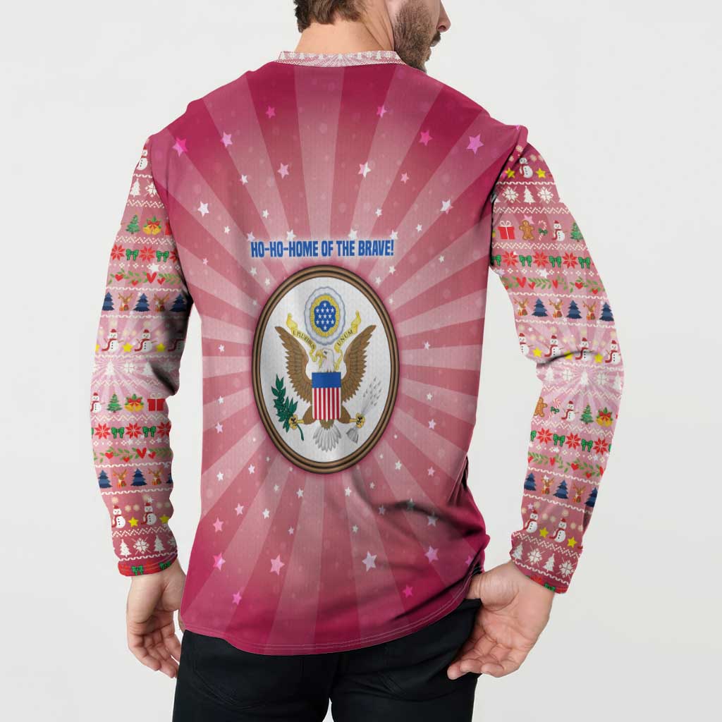 USA Christmas Button Sweatshirt with Bald Eagle Seal Pink Starburst Pattern and Festive Holiday Icons - Wonder Print Shop