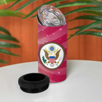 USA Christmas 4 in 1 Can Cooler Tumbler with Bald Eagle Seal Pink Starburst Pattern and Festive Holiday Icons - Wonder Print Shop