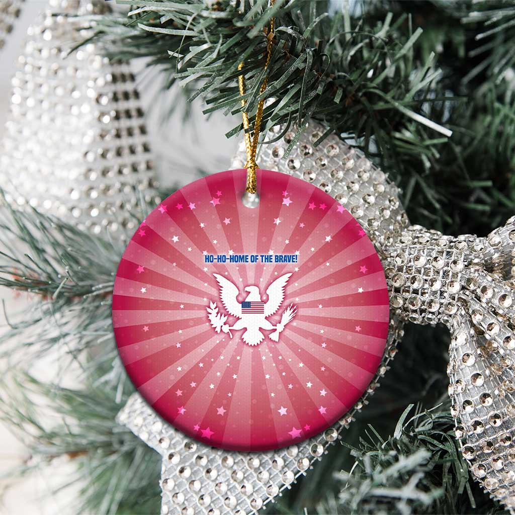 USA Christmas Ceramic Ornament with Bald Eagle Seal Pink Starburst Pattern and Festive Holiday Icons - Wonder Print Shop