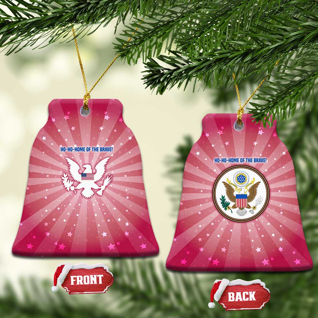 USA Christmas Ceramic Ornament with Bald Eagle Seal Pink Starburst Pattern and Festive Holiday Icons - Wonder Print Shop