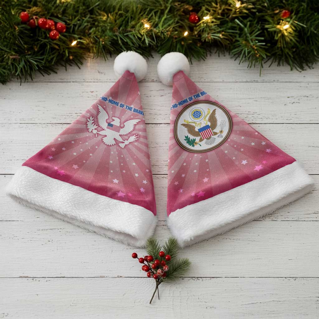 USA Christmas Santa Hat with Bald Eagle Seal Pink Starburst Pattern and Festive Holiday Icons - Wonder Print Shop