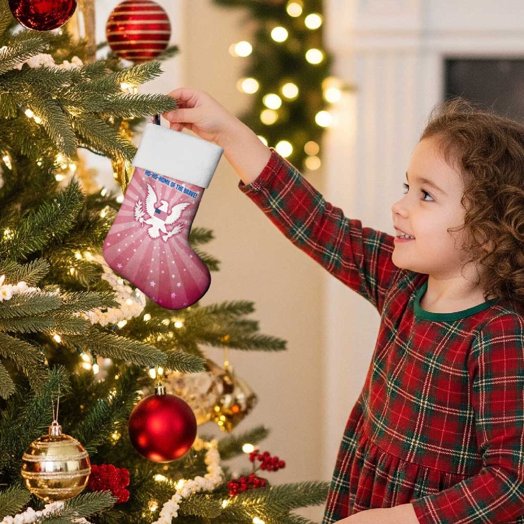 USA Christmas Stocking with Bald Eagle Seal Pink Starburst Pattern and Festive Holiday Icons - Wonder Print Shop