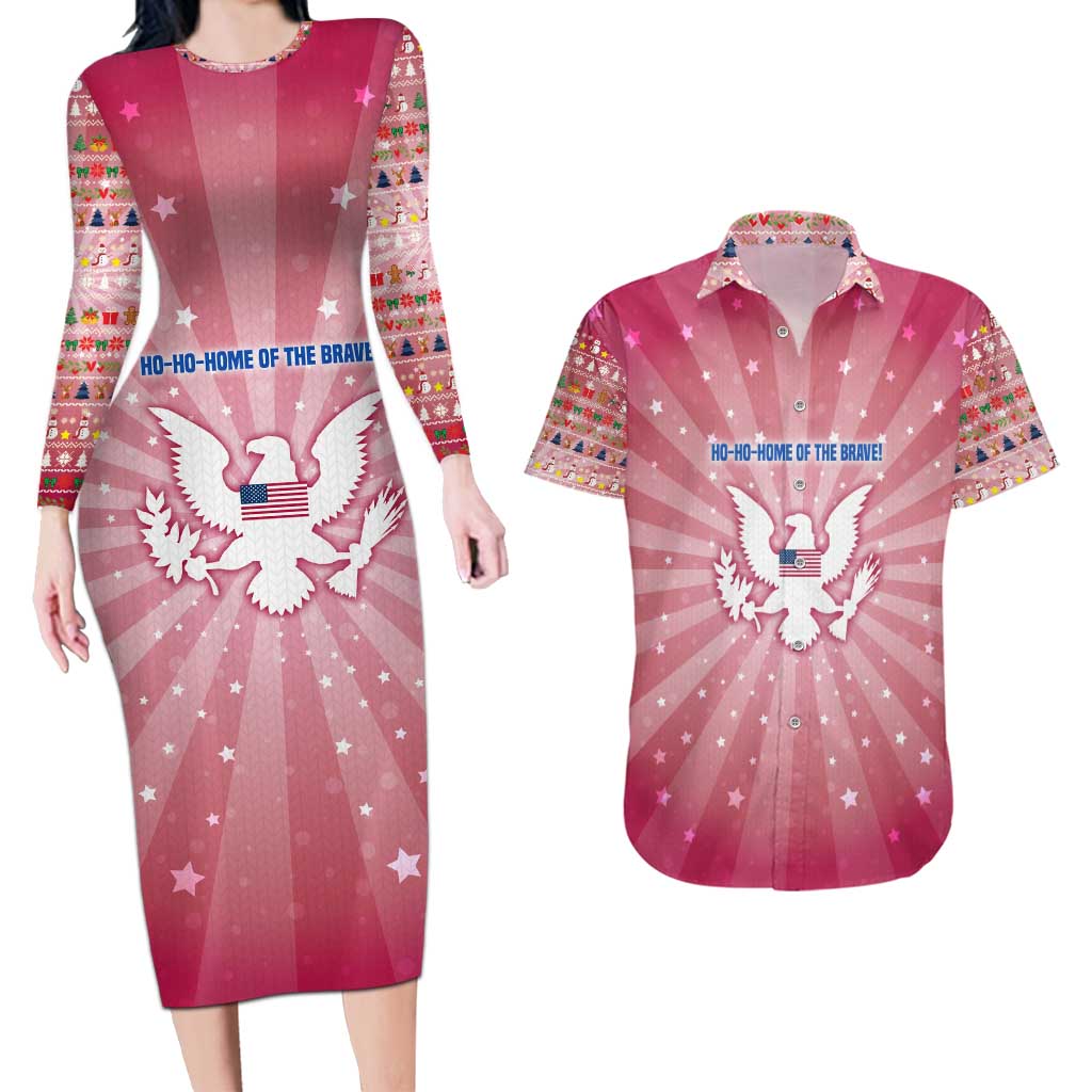 USA Christmas Couples Matching Long Sleeve Bodycon Dress and Hawaiian Shirt with Bald Eagle Seal Pink Starburst Pattern and Festive Holiday Icons - Wonder Print Shop