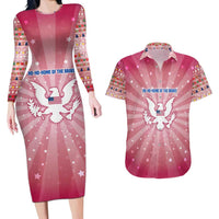 USA Christmas Couples Matching Long Sleeve Bodycon Dress and Hawaiian Shirt with Bald Eagle Seal Pink Starburst Pattern and Festive Holiday Icons - Wonder Print Shop