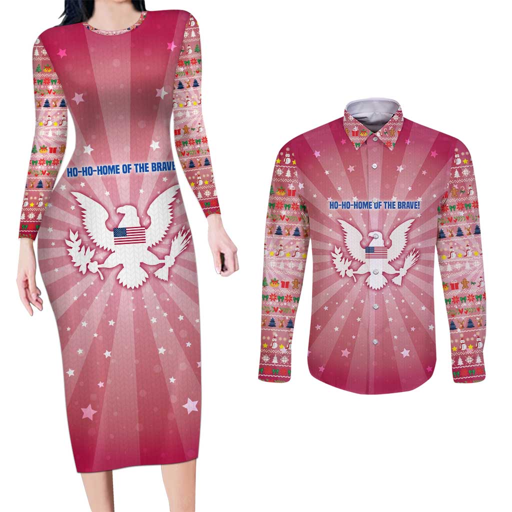 USA Christmas Couples Matching Long Sleeve Bodycon Dress and Long Sleeve Button Shirt with Bald Eagle Seal Pink Starburst Pattern and Festive Holiday Icons - Wonder Print Shop