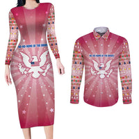 USA Christmas Couples Matching Long Sleeve Bodycon Dress and Long Sleeve Button Shirt with Bald Eagle Seal Pink Starburst Pattern and Festive Holiday Icons - Wonder Print Shop